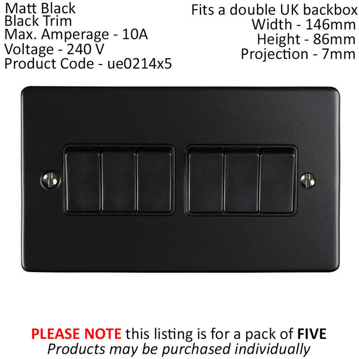 5 PACK 6 Gang Metal Multi Light Switch MATT BLACK 2 Way 10A Black Trim Loops