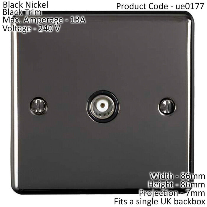 BLACK NICKEL Single Aerial Satellite Coaxial Socket Female Wall Plate Black Trim Loops