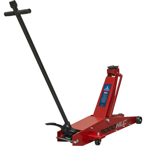 Long Reach High Lift Trolley Jack - 3 Tonne Capacity - 670mm Max Height - Red Loops