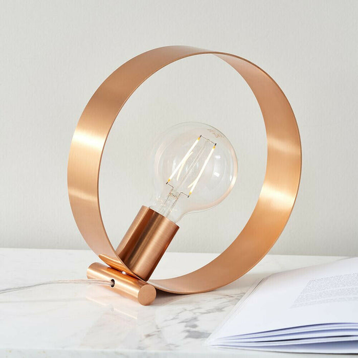 Modern Sleek Table Lamp Light Brushed Copper Metal Hoop Shade Industrial Chic Loops