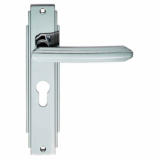 PAIR Line Detailed Handle on Euro Lock Backplate 205 x 45mm Polished Chrome Loops