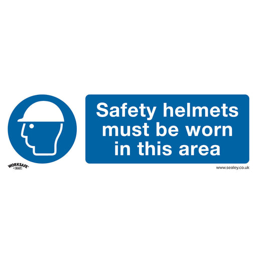 1x SAFETY HELMETS MUST BE WORN Safety Sign - Rigid Plastic 300 x 100mm Warning Loops