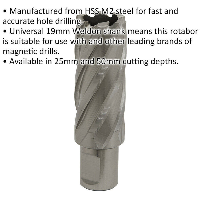 25mm x 50mm Depth Rotabor Cutter - M2 Steel Annular Metal Core Drill 19mm Shank Loops