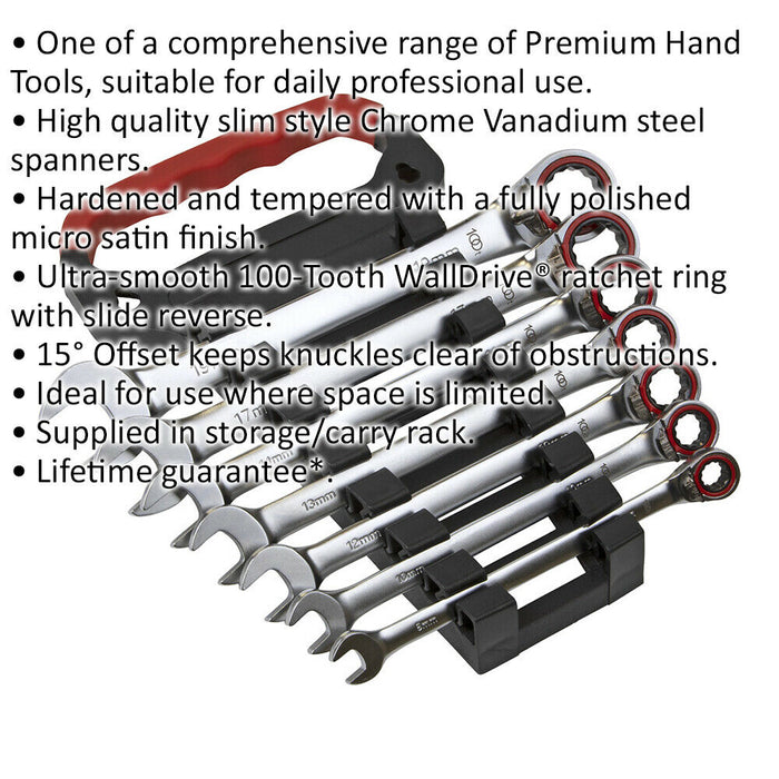 7pc Reversible Ratchet Combination Spanner Set - 12 Point Metric Moving Socket Loops