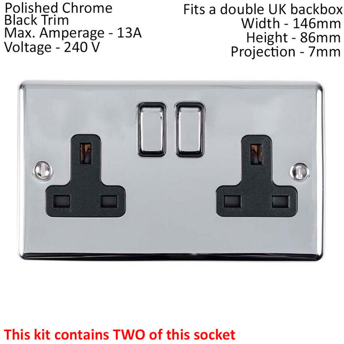 UK Plug Socket Pack -2x Twin & 4x Single Gang- CHROME / Black 13A Switched Loops