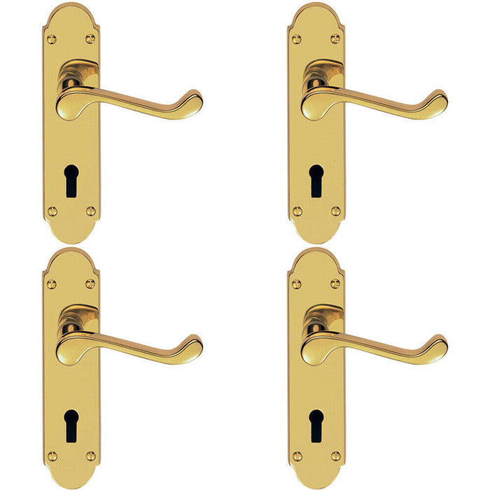 4x PAIR Victorian Upturned Handle on Lock Backplate 170 x 42mm Polished Brass Loops