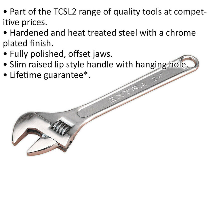 600mm Adjustable Wrench - Chrome Plated Steel - 62mm Offset Jaws - Spanner Loops