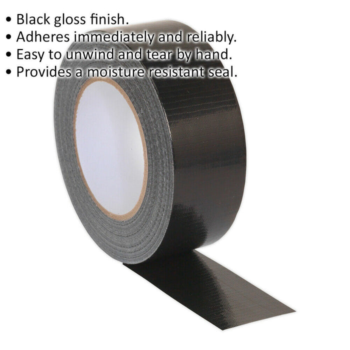 48mm x 50m BLACK Duct Tape Roll - EASY TEAR - High Tack Moisture Resistant Seal Loops