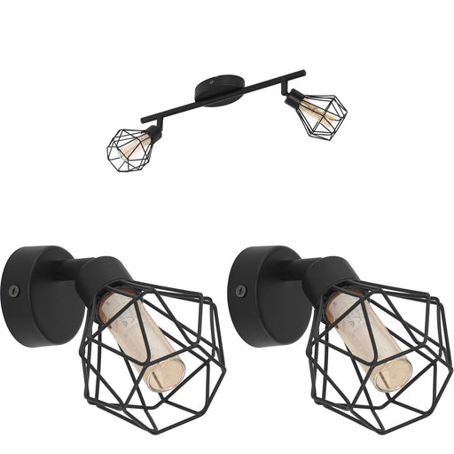 Twin Ceiling Spot Light & 2x Matching Wall Lights Black Modern Cage Moving Head Loops