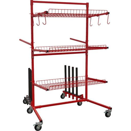Car Parts Cart with Folding Panel Train - Adjustable Shelves Hooks & Arms Loops
