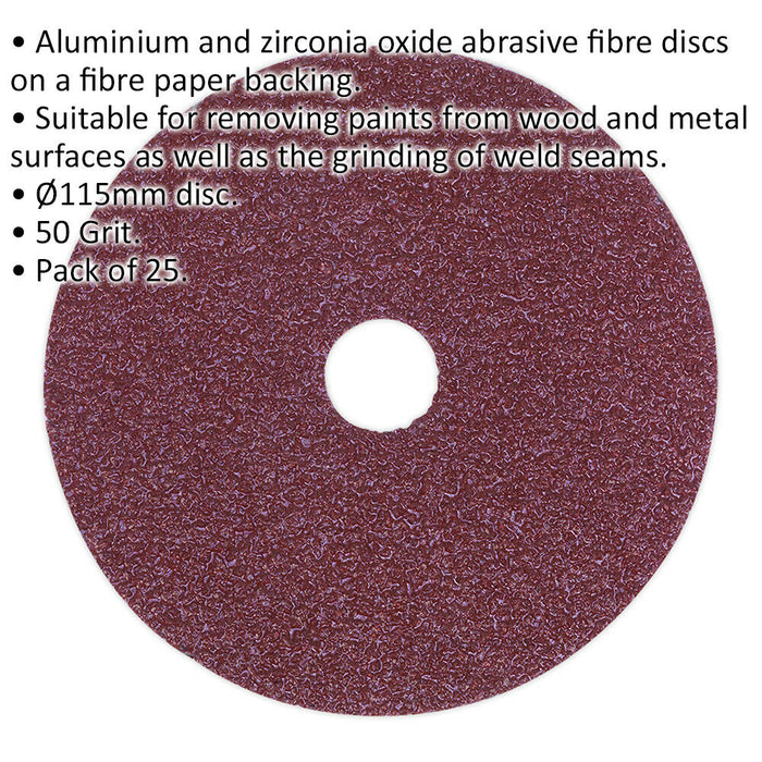 25 PACK - 115mm Fibre Backed Sanding Discs - 50 Grit Aluminium Oxide Round Sheet Loops