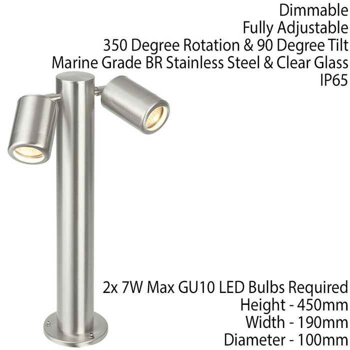 450mm IP65 Twin Outdoor Lamp Post Bollard Light Tilting GU10 Marine Grade Steel Loops