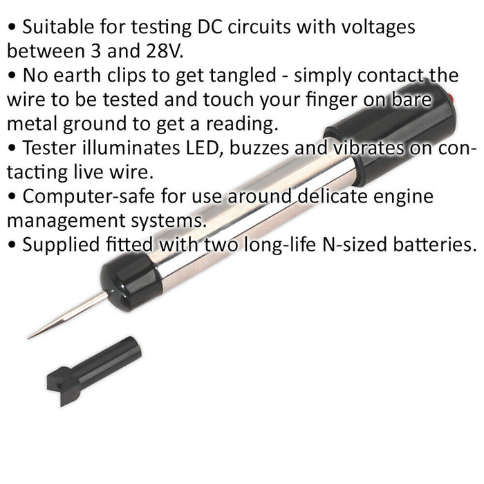 Cordless Circuit Tester - 3 to 28 Volt DC Circuits - Buzzer & LED Indication Loops