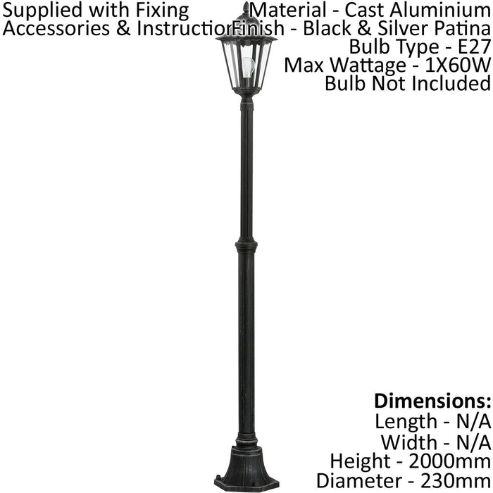 IP44 Outdoor Bollard Light Black & Silver Lantern 2000mm Tall Post 60W E27 Loops