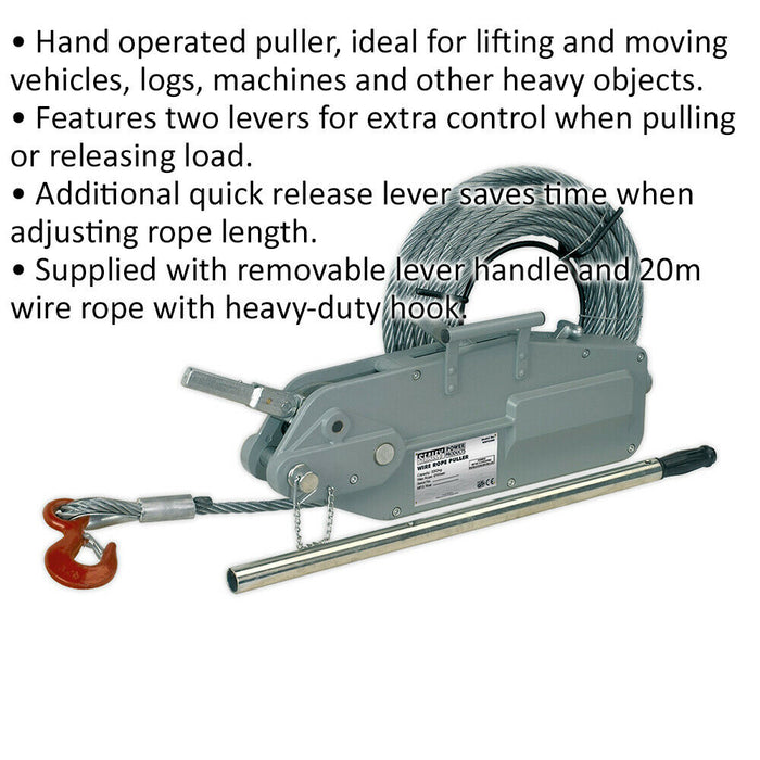 Hand Operated Wire Rope Puller - 3200kg Max Line Force - Quick Release Lever Loops