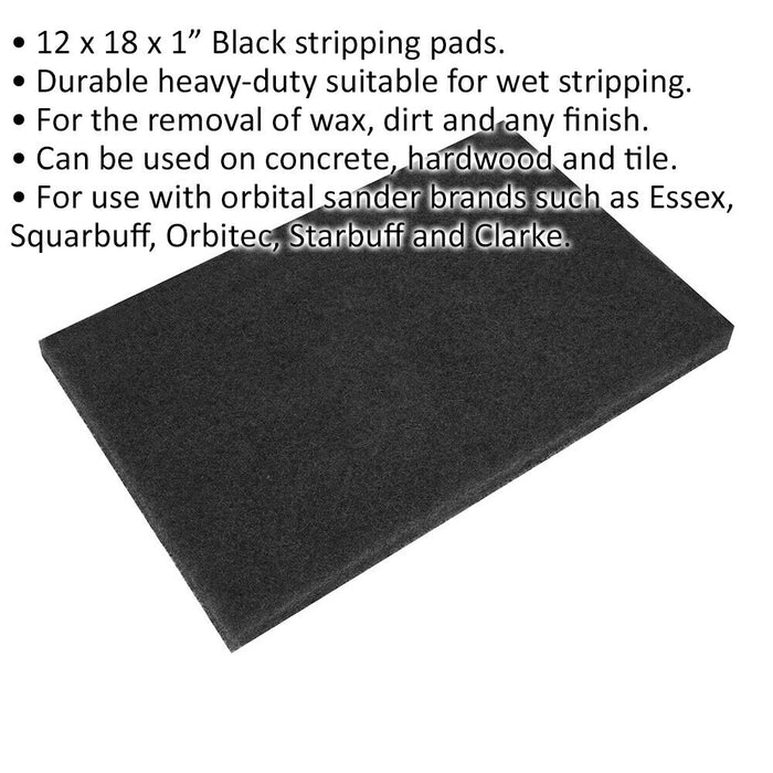 5 PACK Heavy Duty Black Stripping Pads - 12 x 18 x 1" - Removal of Wax & Dirt Loops