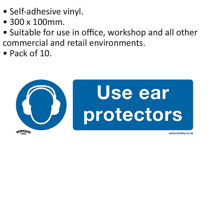 10x USE EAR PROTECTORS Health & Safety Sign - Self Adhesive 300 x 100mm Sticker Loops