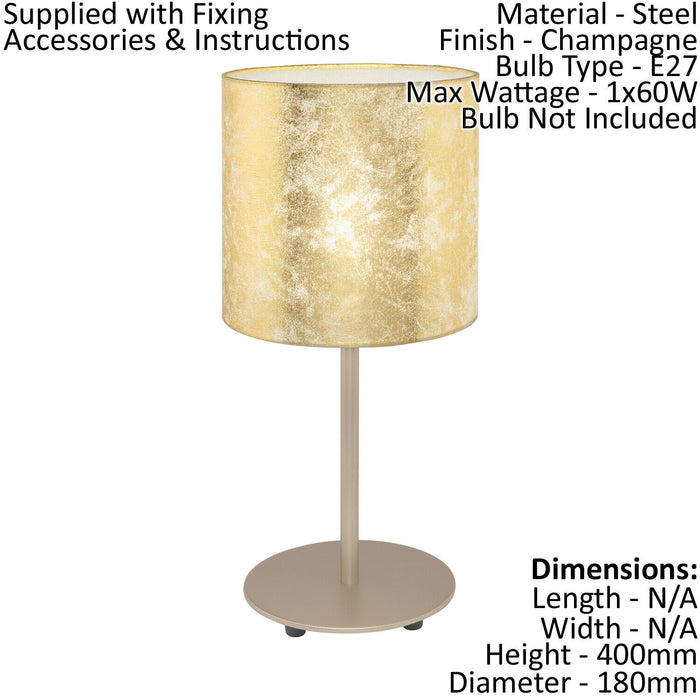 Table Lamp Champagne Slim Stem Round Base Shade Gold Fabric Bulb E27 1x60W Loops
