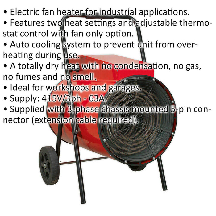 30 kW Industrial Electric Fan Heater - 3 Heat Settings - Thermostat Control Loops