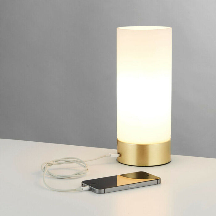 2 PACK | Touch Dimmable Table Lamp Brass & Frosted Glass Shade Light USB Charger Loops
