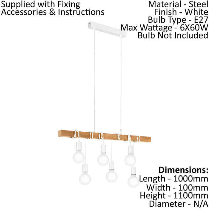 Hanging Ceiling Pendant Light White & Wood 6x E27 Kitchen Island Multi Lamp Loops