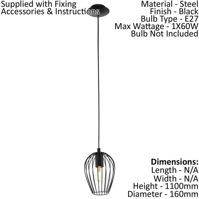 Hanging Ceiling Pendant Light Black Wire Cage 1x 60W E27 Hallway Feature Lamp