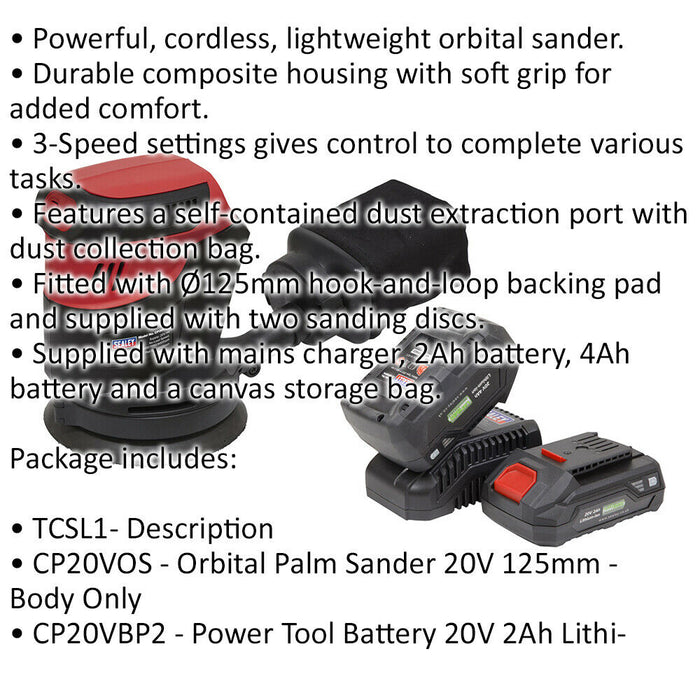 20V Cordless Orbital Palm Sander Kit - Includes 2 Batteries & Charger - Bag Loops