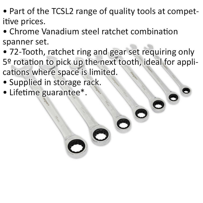 7pc Ratchet Combination Spanner Set - 12 Point Metric Ring Open Head Nut Wrench Loops