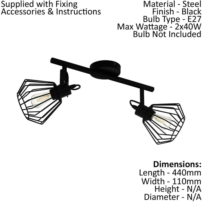 Flush Ceiling Light 2 Spots Colour Black Shade Open Wire Frame Bulb E27 2x40W Loops