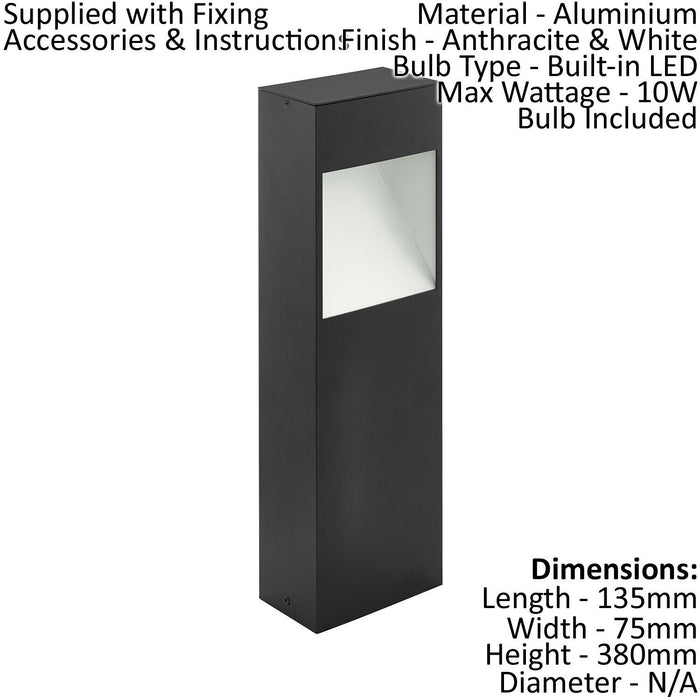 IP44 Outdoor Pedestal Light Anthracite & White Square Post 10W Built in LED Loops