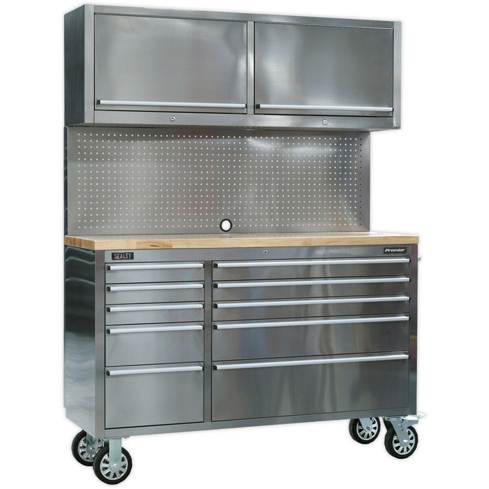 1475 x 505 x 1860mm Mobile STAINLESS STEEL Tool Cabinet - 10 Drawer & 2 Cupboard Loops