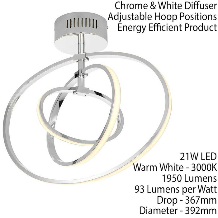 LED Semi Flush Ceiling Light 21W Warm White Chrome Hoop Ring Feature Strip Lamp Loops