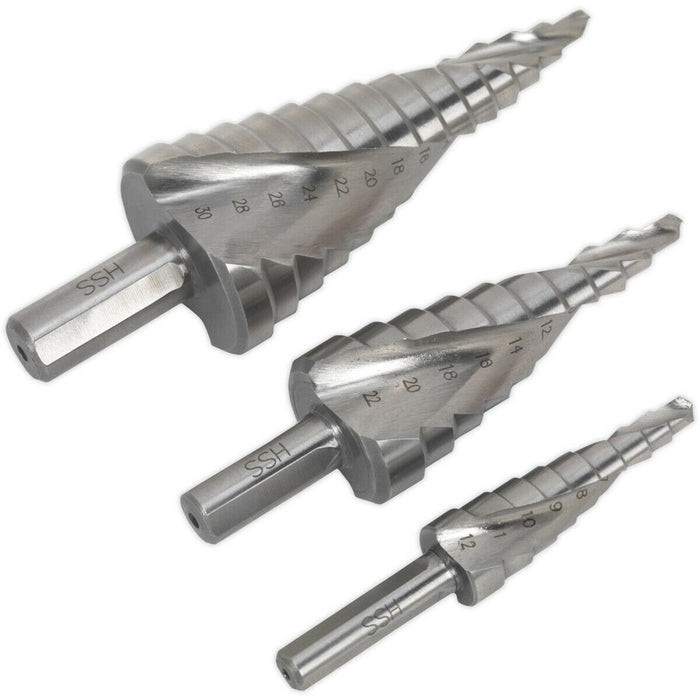 3 Piece HSS 4341 Spiral Flute Step Drill Bit - 3 Sizes - Precision Hole Drilling Loops