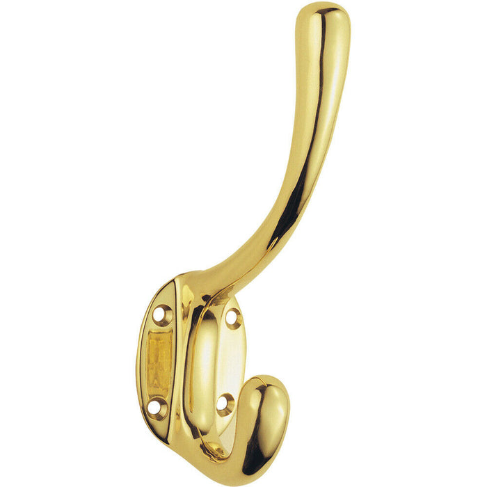 Heavyweight One Piece Hat & Coat Hook 76mm Projection Polished Brass Loops