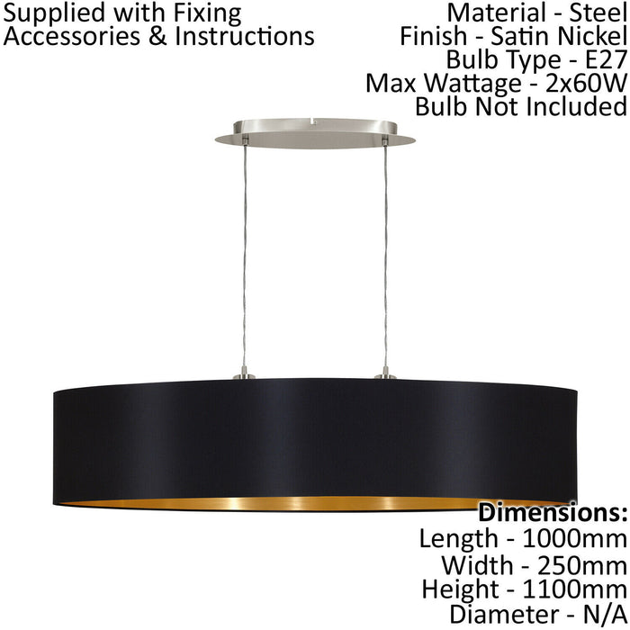 Pendant Light Colour Satin Nickel Shade Black Gold Fabric Bulb E27 2x60W Loops