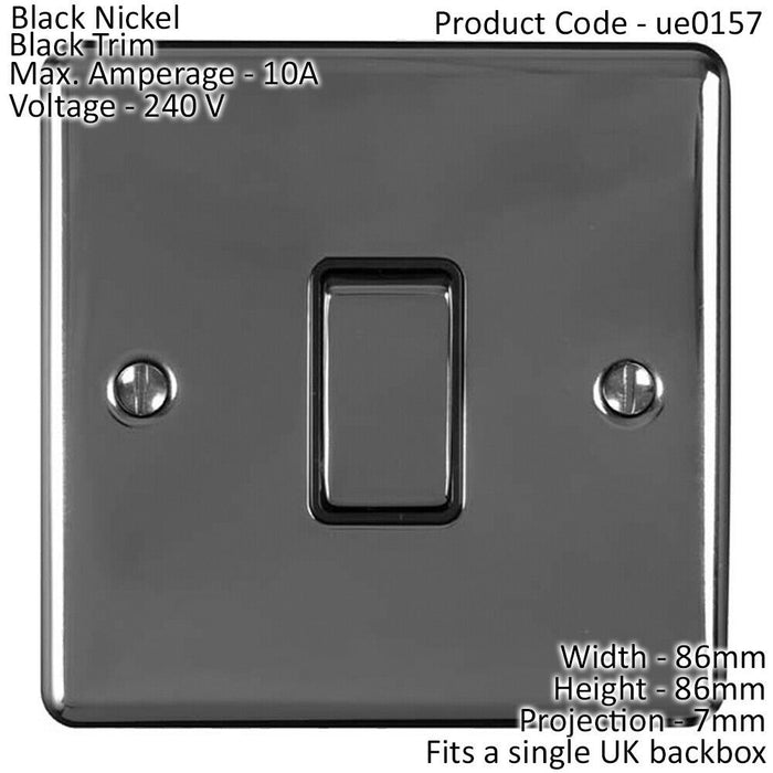 1 Gang Single Light Switch BLACK NICKEL 2 Way 10A Black Trim & Metal Rocker Loops
