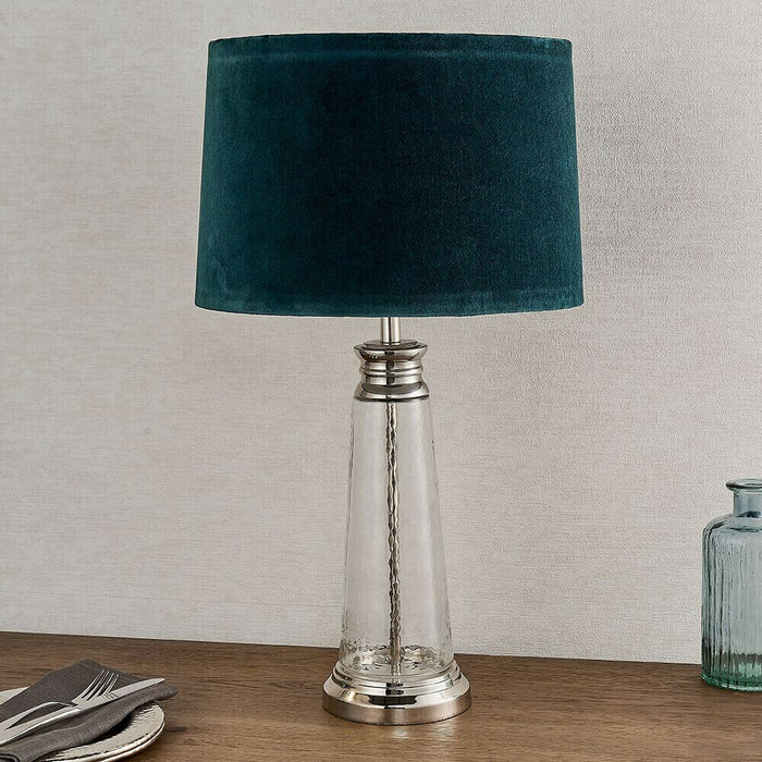 Luxury Table Lamp Textured Hammered Clear Glass & Teal Velvet Fabric Shade Light Loops
