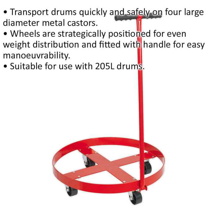 205L Oil Drum Dolly with Handle - Four Large Diameter Metal Castors - Drum Mover Loops