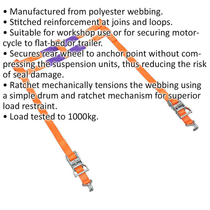 35mm Motorcycle Rear Wheel Ratchet Tie Down Strap - 1000KG - Steel J Hooks Loops