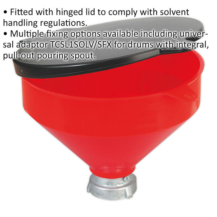 Solvent Safety Funnel with Hinged Flip Top - 2" Female Fitting - Fluid Transfer Loops