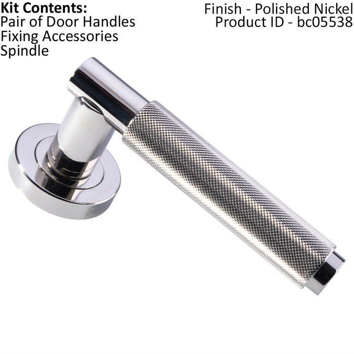 PAIR Knurled Grip Round Bar Lever on Round Rose Concealed Fix Polished Nickel Loops