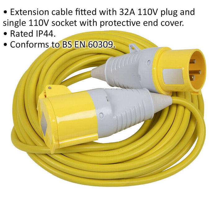14m Extension Lead Fitted with 32A 110V Plug - Single 110V Socket - IP44 Rated Loops