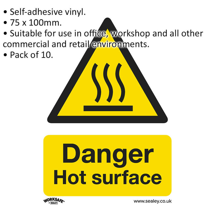 10x DANGER HOT SURFACE Health & Safety Sign - Self Adhesive 75 x 100mm Sticker Loops