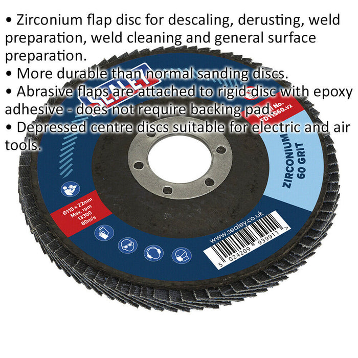 115mm Zirconium Flap Disc - 22mm Bore - Depressed Centre Disc - 60 Grit Loops