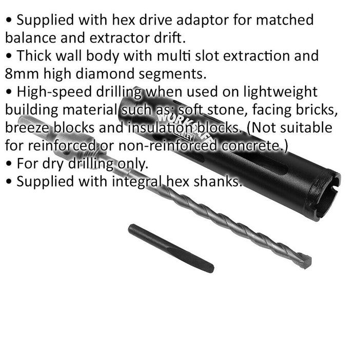 38mm x 150mm - Dry Diamond Core Drill Hole Saw - Hex Drive Adaptor - Drill Bit Loops