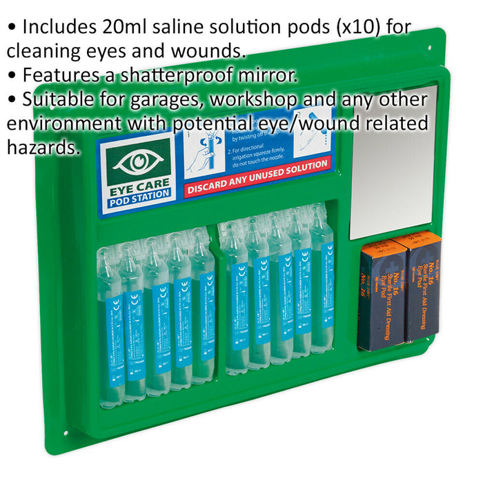 Eye & Wound Washing Station - 10 x 20ml Saline Solution Pods - First Aid Kit Loops