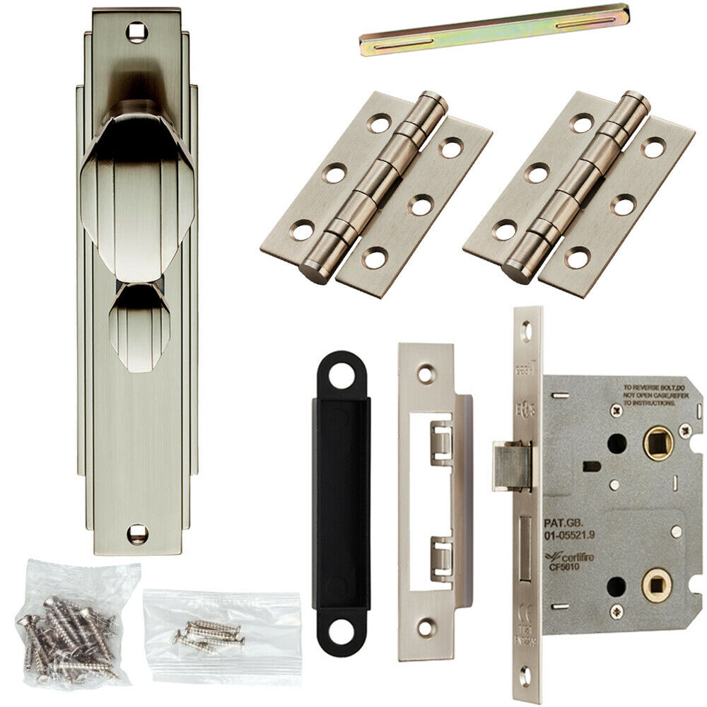 Door Knob & Bathroom Lock Pack Satin Nickel Art Deco Detail Premium Backplate Loops
