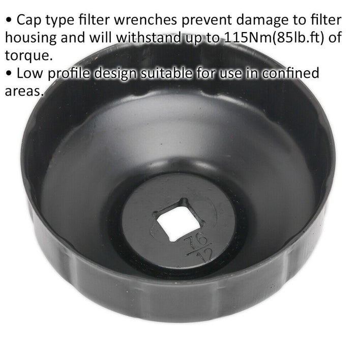 76mm Oil Filter Cap Wrench - 12 Flutes - 3/8" Sq Drive - Low Profile Design Loops