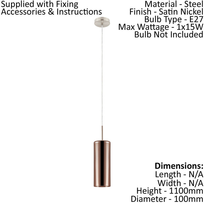 Pendant Light Satin Nickel Shade Copper Coloured Glass Vaporized Bulb E27 1x15W Loops