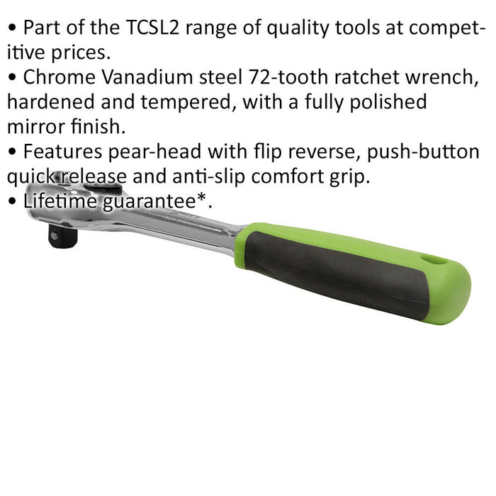 72-Tooth Flip Reverse Ratchet Wrench - 3/8 Inch Sq Drive - Pear-Head Design Loops